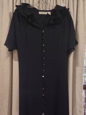 Chaus Navy button-down dress Short Sleeve tie in back Ruffle Summer Lightweight
